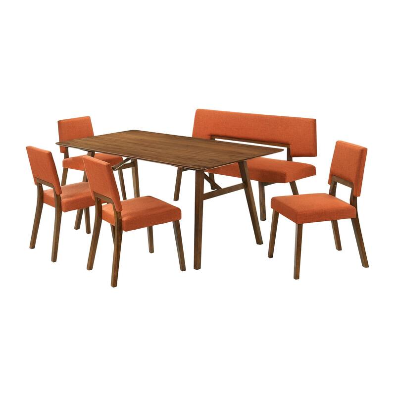 Yumi 6 Piece Dining Table Set, Chairs, Bench, Orange Fabric, Wood Brown