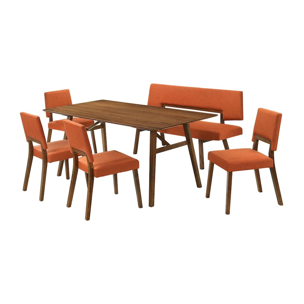 Yumi 6 Piece Dining Table Set, Chairs, Bench, Orange Fabric, Wood Brown