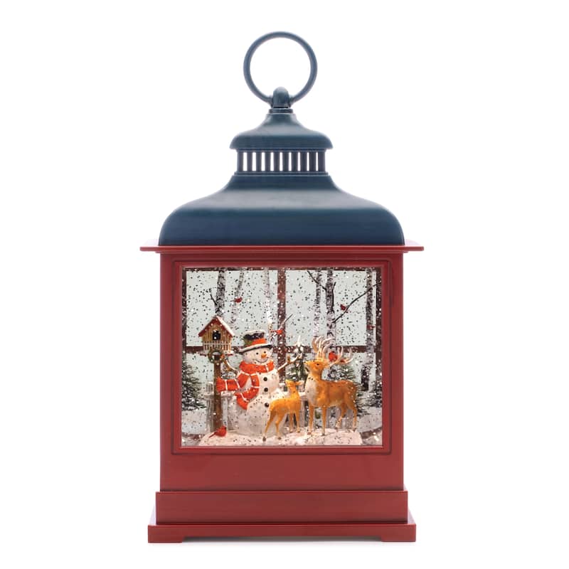 12" LED Snow Globe Lantern with Snowman and Deer 6 Hour Timer Holiday Mantel or Shelf Accent - 6.5"L x 3"W x 12"H
