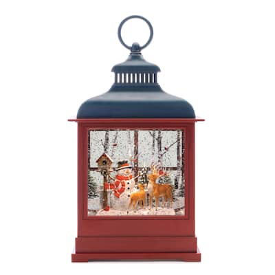12" LED Snow Globe Lantern with Snowman and Deer 6 Hour Timer Holiday Mantel or Shelf Accent - 6.5"L x 3"W x 12"H