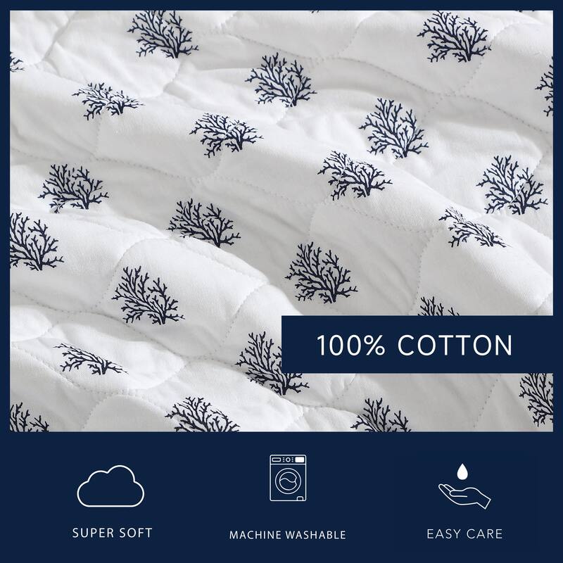 Nautica Coral Beach Blue Motifs Cotton Reversible White Quilt (3 Piece Set)