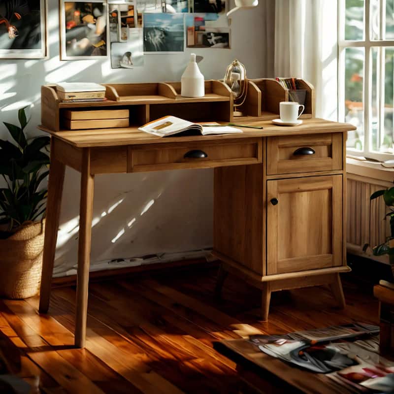 Caffoz Newport Series Computer Desk with Hutch Home Office Writing Desk, Wood Workstation w/Shelves, Study Desk for Small Spaces - Smoky Oak