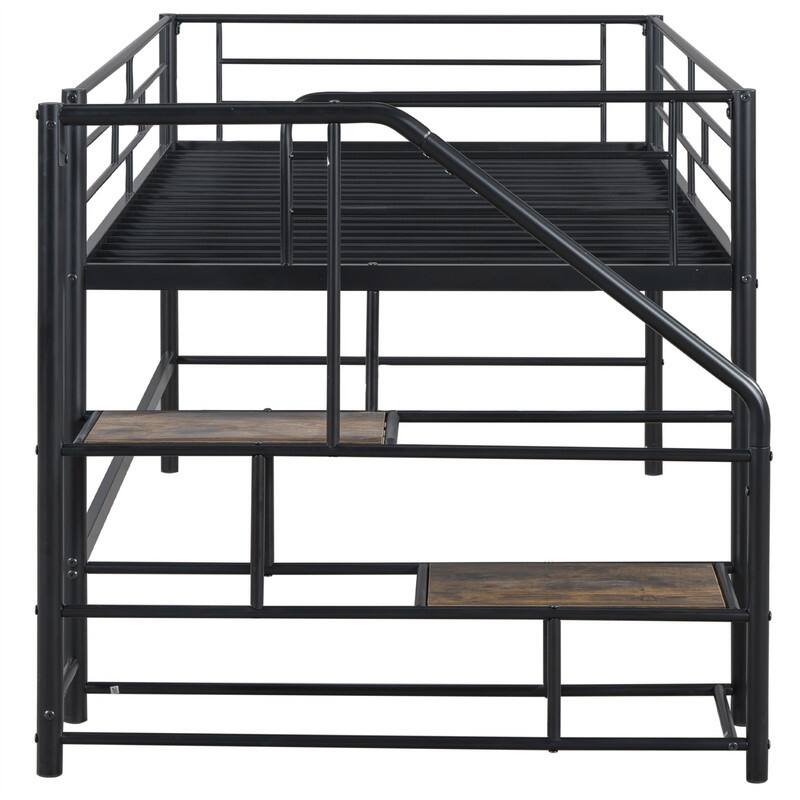 Twin Size Mid Loft Bed with Storage Stairs, Heavy Duty Metal Loft Bed Frame with Guardrails, Kids Playhouse Bed with Slats
