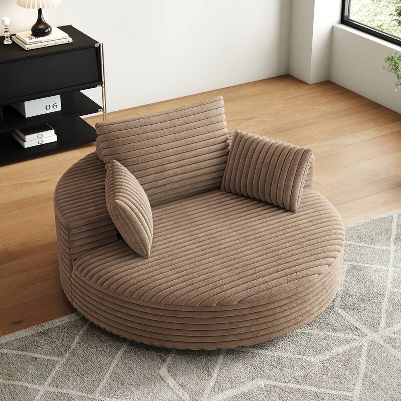 Oversized Swivel Accent Chair, Corduroy Round Lounge Sofa Chair, Upholstered Reading Armchair with Back Cushion & 2 Pillows