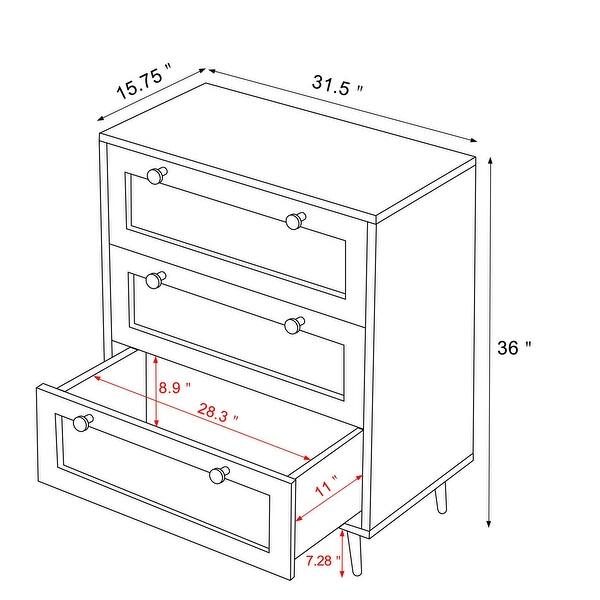 3Drawer Bedroom Dresser Chest of Drawers Farmhouse Rattan Dresser