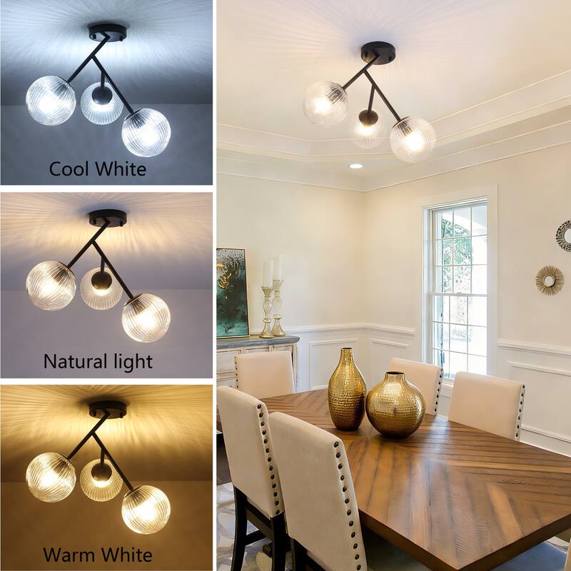 Modern 3-Light Semi-Flush Mount Light with Ribbed Glass Shades