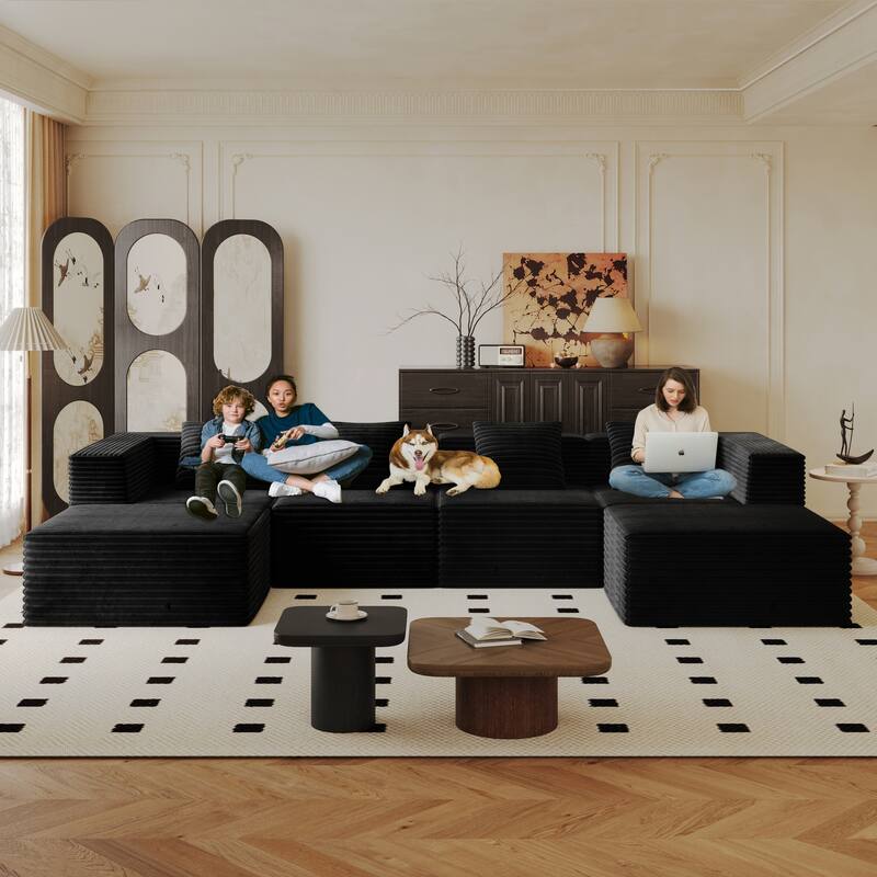 U-Shaped Modular Sectional Sofa, Oversized Corduroy Upholstered Boneless Couches, High Density Memory Foam Compression Sofa