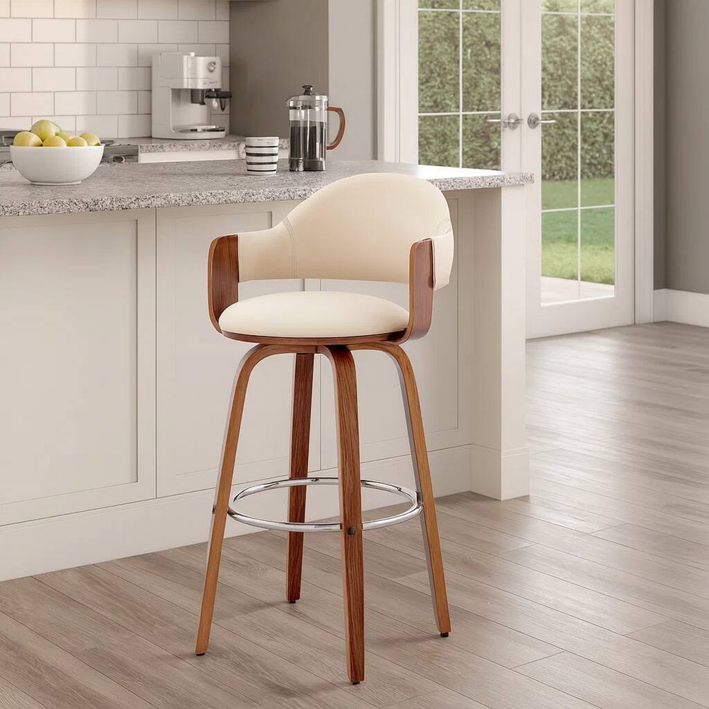 26 Inch Leatherette Barstool with Curved Back, Cream and Brown