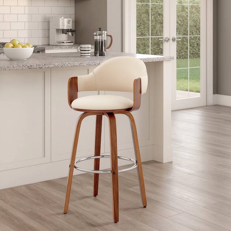 26 Inch Leatherette Barstool with Curved Back, Cream and Brown
