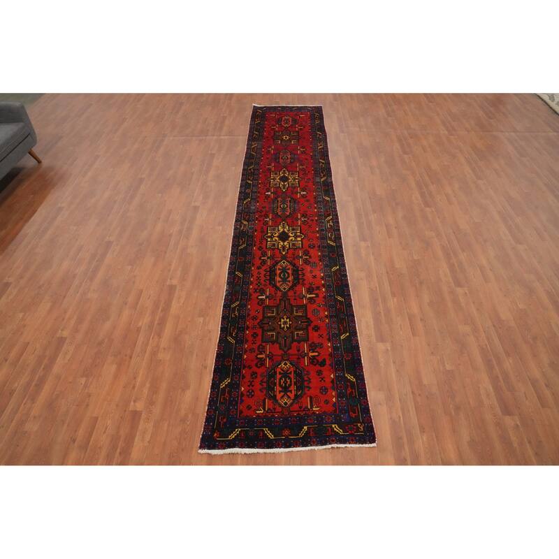 Hand Knotted Oriental 100% Wool Carpet Traditional Geometric Oranges & Rust Heriz Runner Rug - 14' 9'' X 3' 0''