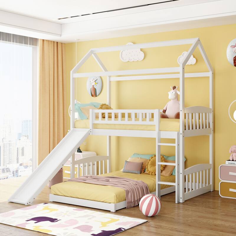 Merax House Bunk Bed with Slide, Twin Over Twin Bunk Bed with Slide - White