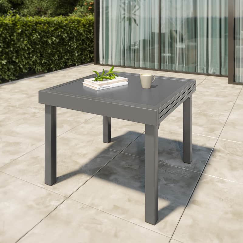 VredHom Outdoor Tempered Glass Top Aluminum Extendable Dining Table - 35.4 in W x 35.4-70.9 in L x 29.5 in H