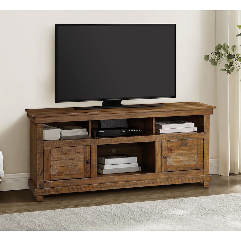 2 Doors and 4 Open Shelves Wooden TV Stand in Distressed Brown