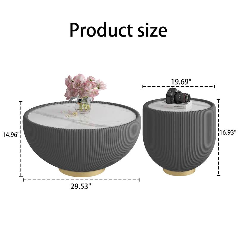 Modern Round Marble Pattern Tabletop Leather Edge Sofa End Table