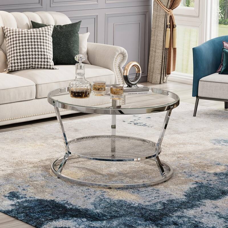 Round Coffee Table, 2Tier Coffee Table for Living Room, Gold Glass Coffee Table with Ring
