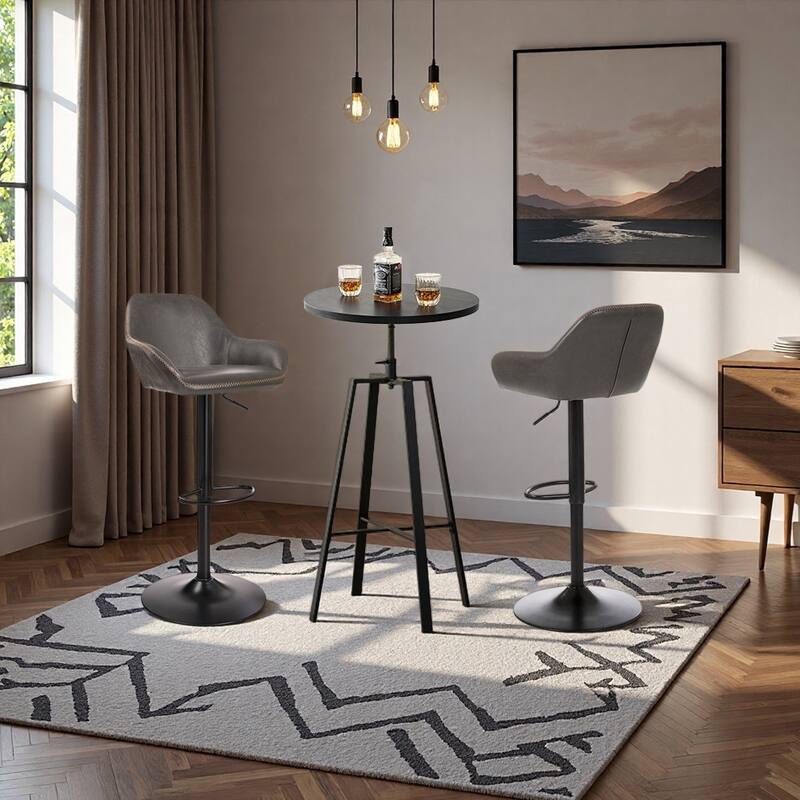 Glitzhome Set of 3 Height Adjustable Swivel Pub Table Bar Stools Set for Kichen Dining - Black Table & Grey Chairs