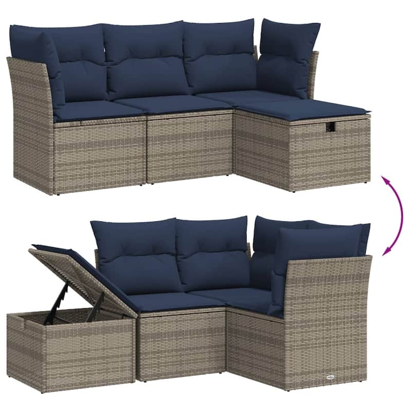 vidaXL 4 Piece Patio Sofa Set with Cushions Gray Poly Rattan - 21.7" x 24.4" x 27.2"