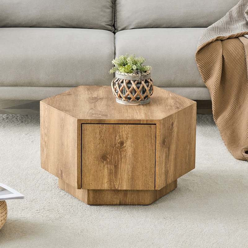 GDFStudio Elowen Wood Coffee Table with Hexagonal Design and Drawer