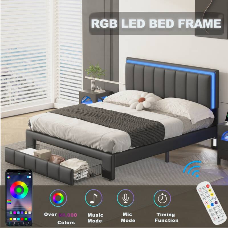Upholstered Platform Bed with LED Lights and Two Motion Activated Night Lights,Queen Size Storage Bed with Drawer