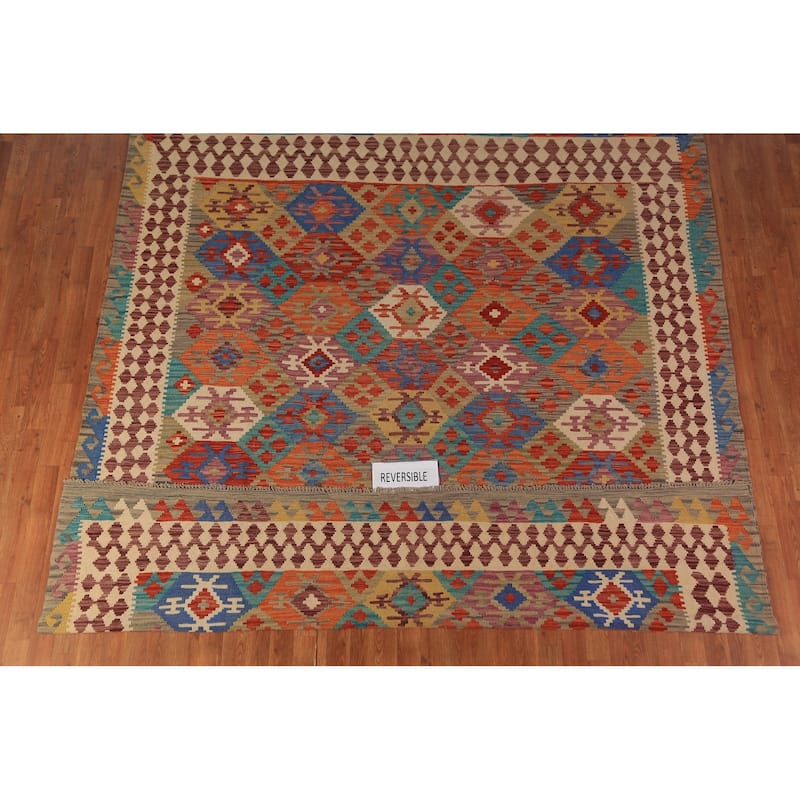 Colorful Geometric Kilim Oriental Area Rug Hand-Woven Wool Carpet - 8'7"x 9'6"