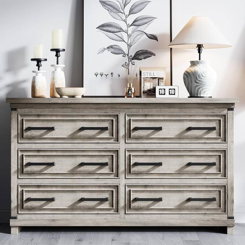 6 Drawer Dresser for Bedroom, 55” Rustic Wood Chest of Drawers