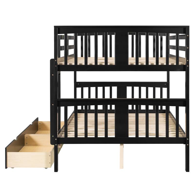 Detachable Bunk Bed Frame, Full Size Wooden Bunk Bed with 2 Drawers and Ladder, Full Over Full Bed Frame