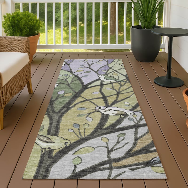 Machine Washable Indoor/ Outdoor Bird Mosaic Chantille Rug - Aloe - 2'3" x 7'6"