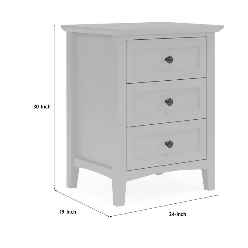 Fritz 30 Inch Bedside Nightstand, 3 Drawers, Black Round Handles, Gray Wood