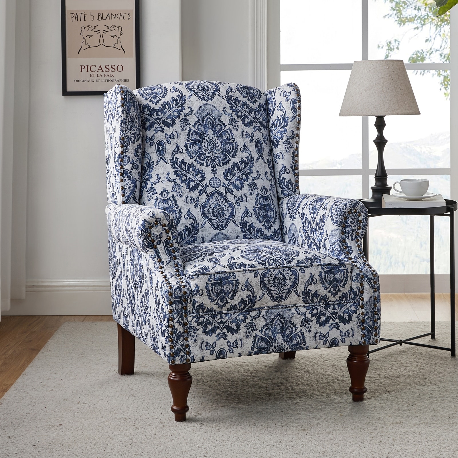 HULALA HOME Gott Traditional Floral Wingback Armchair with Solid Wood Legs