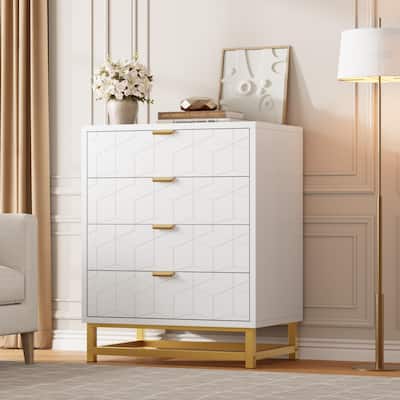 4 Drawer Dresser for Bedroom, Modern Wooden Chest of Drawers with Gold Handles