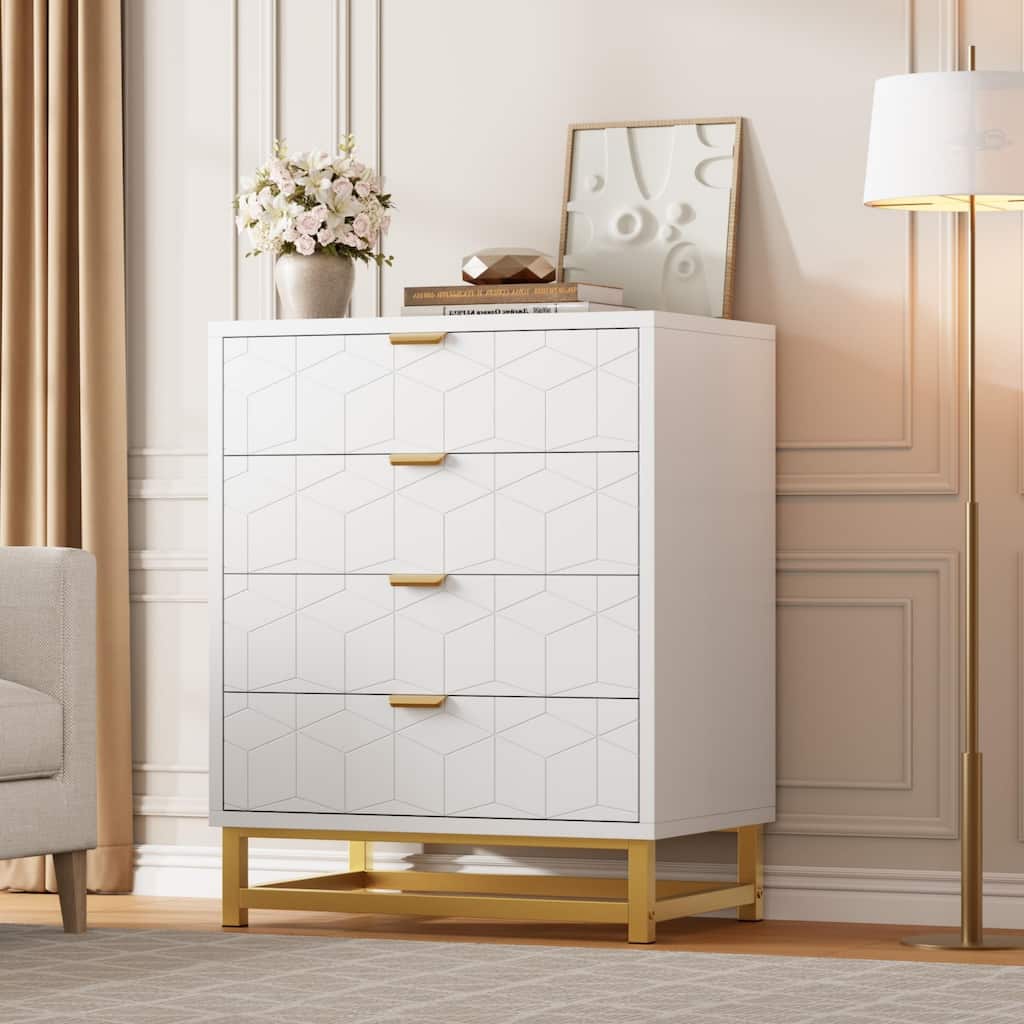 4 Drawer Dresser for Bedroom, Modern Wooden Chest of Drawers with Gold Handles