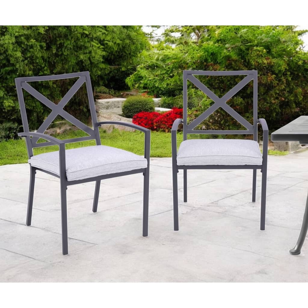 Set of Two Dark Gray Aluminum Outdoor Stacking Dining Chairs with Light Gray Cushion