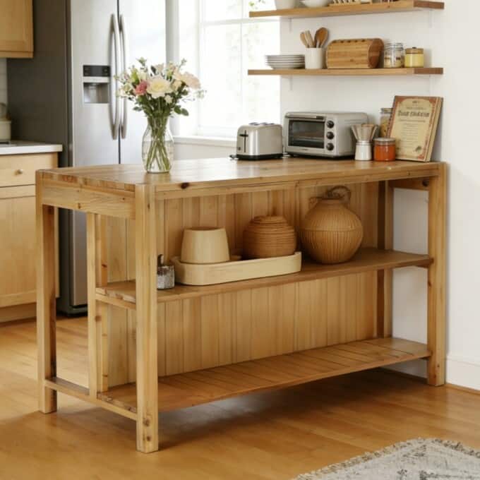 59.05" Solid Wood Kitchen Island with Storage, Dining Prep Table