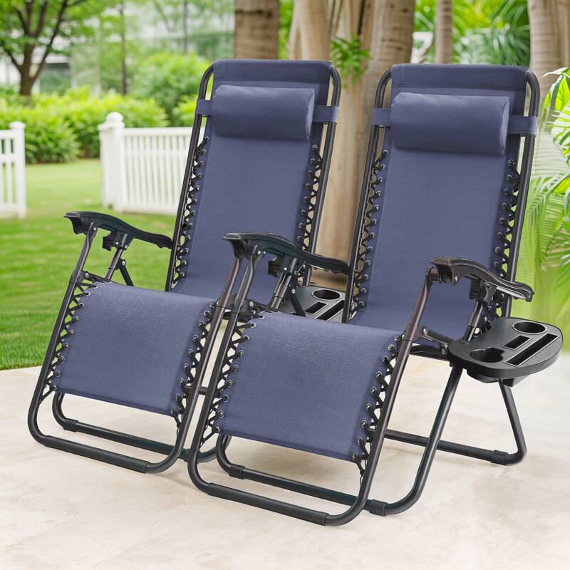 Set of 2 Zero Gravity Recliner Lounge Chairs with Cup Holders, Folding Patio Camping Beach Chairs for Outdoor Relaxation