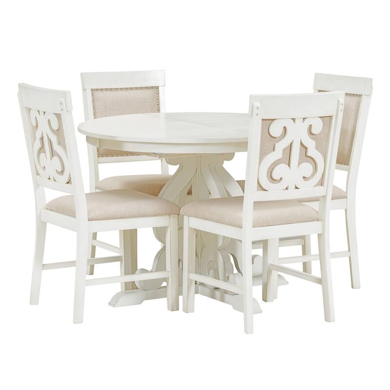 5-Piece Retro Dining Set, Extendable Table and 4 Upholstered Chairs - White