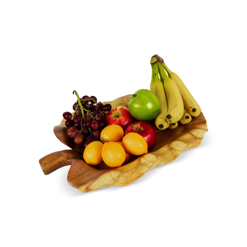18" Wooden Handmade Decorative Fruit Salad Bowl Kitchen Centerpiece Dining Tray Hand Carved Wood Leaf Shaped Serving Bowl