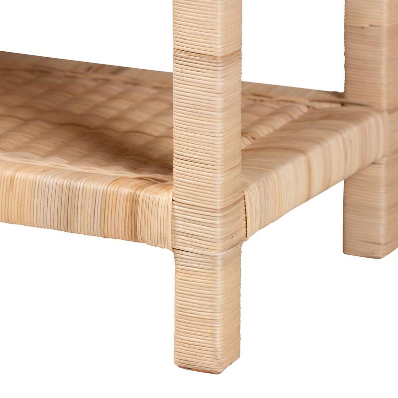 Weyman Scalloped Rattan End Table with Removable Tray Top - Handwoven Rattan Accent Table with Shelf, Coastal Boho Style