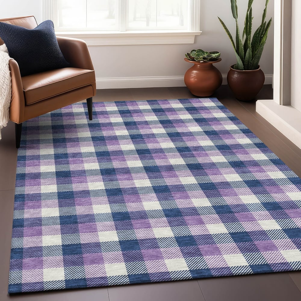 Machine Washable Indoor/ Outdoor Plaid Chantille Rug