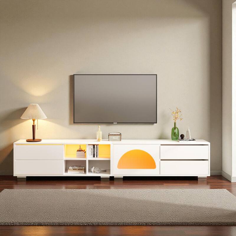 94.4" Modern TV Stand for 100" TVs, Arched Tempered Glass Door, Sliding Panel & 2 Drawers, App-Controlled LED Console - White