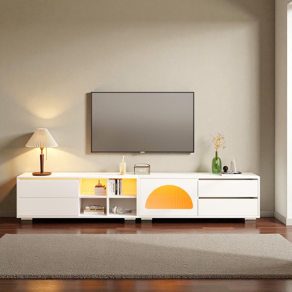 94.4" Modern TV Stand for 100" TVs, Arched Tempered Glass Door, Sliding Panel & 2 Drawers, App-Controlled LED Console
