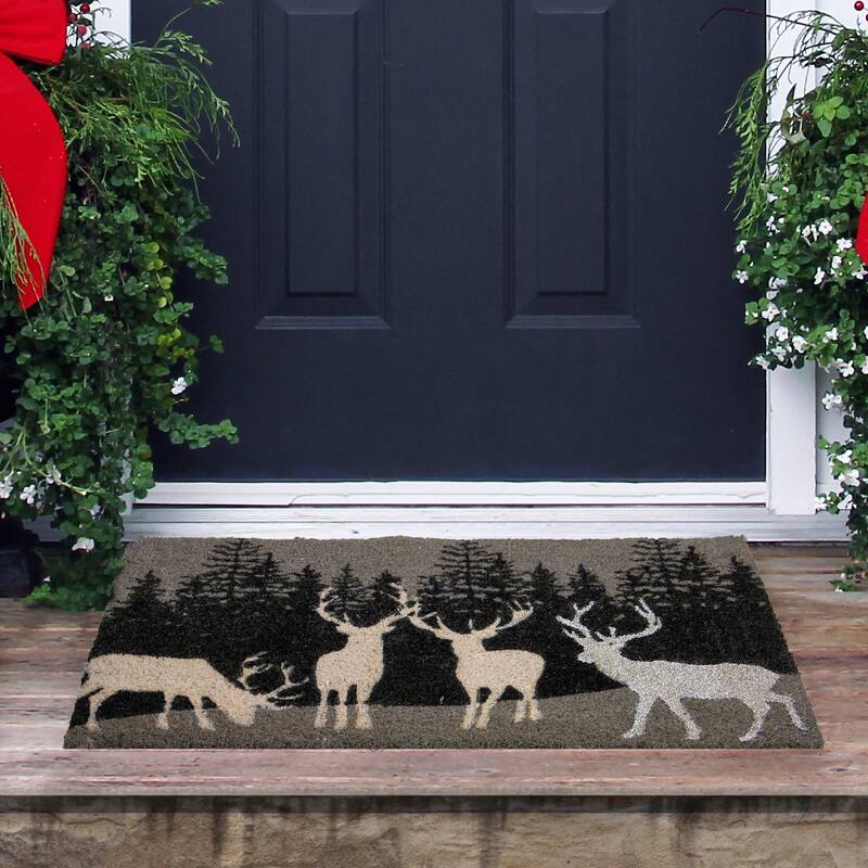 Natural Coir Rectangular Forest Reindeer Christmas Doormat 18" x 30"