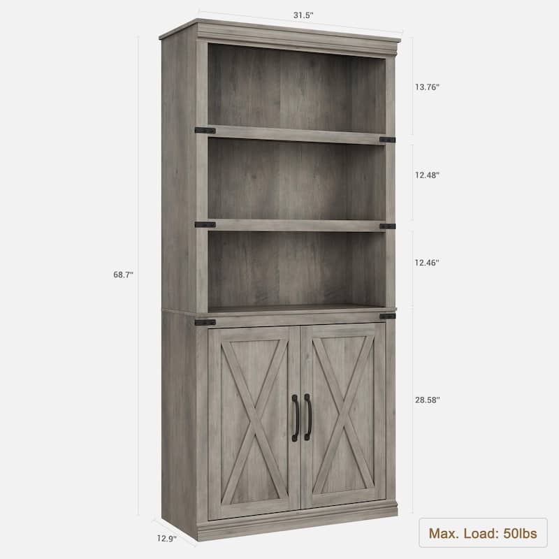 Book Shelf with Door, 5 Tier Wooden Book Case with Storage, 68.7"