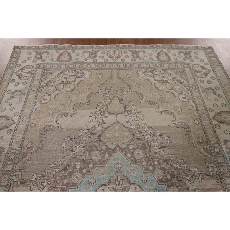 Distressed Beige Tabriz Persian Vintage Rug Handmade Wool Carpet - 6'5"x 9'7"