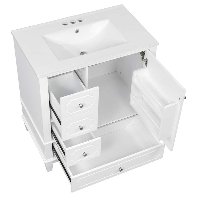 30" Bathroom Vanity with Ceramic Sink, Freestanding Bathroom Storage Cabinet with Door Shelves and 3 Drawers