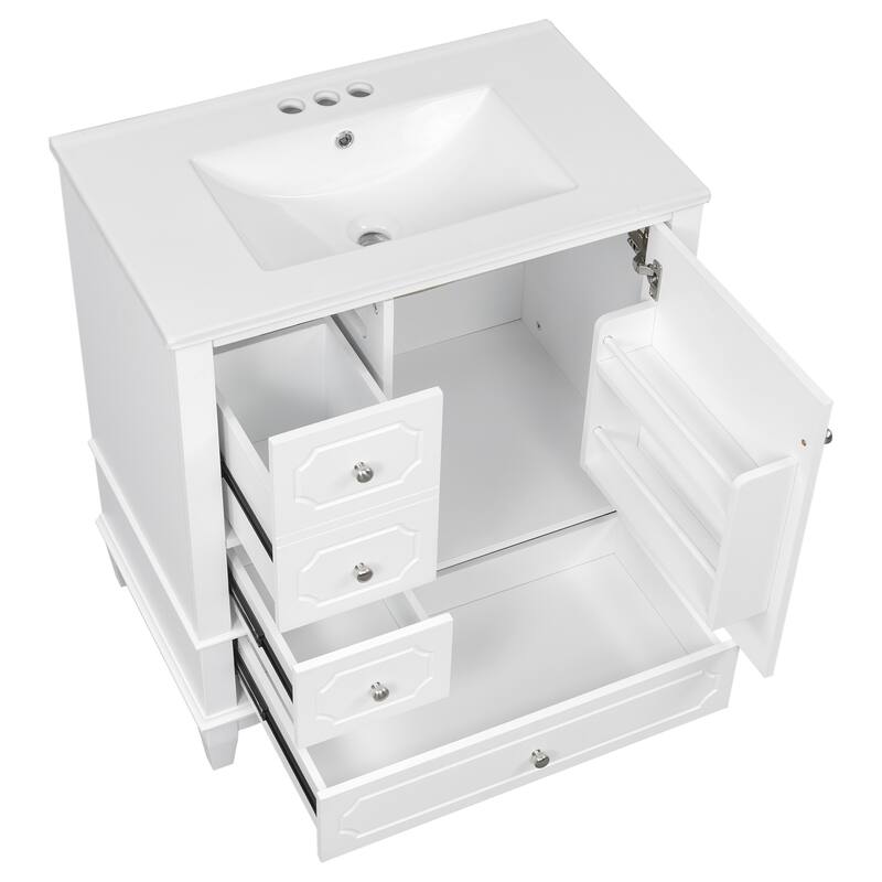 30" Bathroom with Sink,Cabinet with Basin,Wood Frame,Soft-Close Door,3 Drawers,Painted MDF & Rubber Wood,Shelves Included