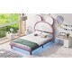 preview thumbnail 5 of 9, Full Platform Kids Bed with LED Lights & Cartoon Ears Headboard, White&Pink
