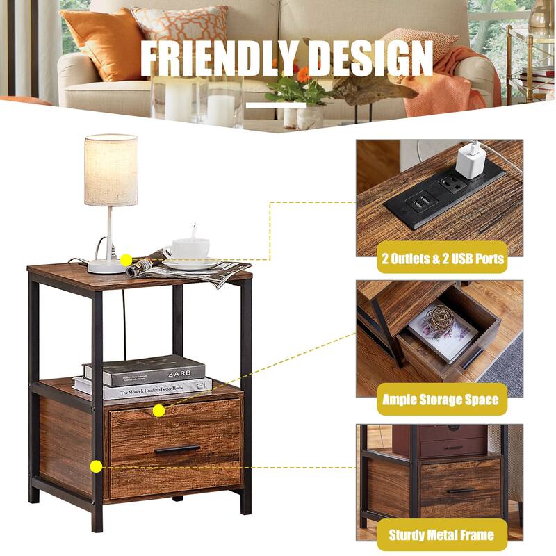 Javlergo Nightstand with Charging Station and Drawers End Side Tables with Open Storage Shelf for Bedroom Living Room
