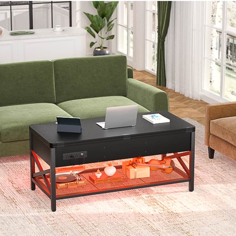 Lift Top Coffee Table with LED Lights and USB Port, Modern Farmhouse Convertible Dining Table