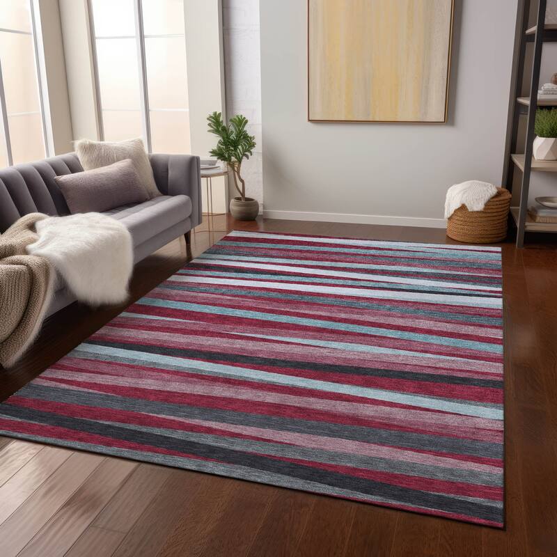 Machine Washable Indoor/ Outdoor Modern Stripes Chantille Rug - Burgundy - 8' x 10'