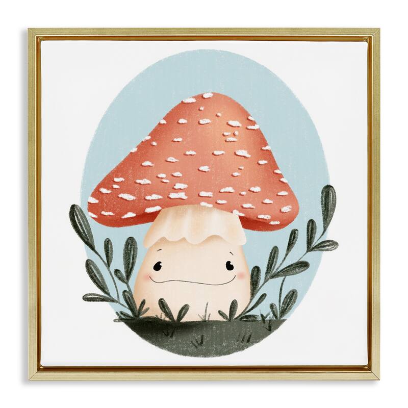 Stupell Smiling Mushroom In Nature Framed Floater Canvas Wall Art Design By Sarah Hickman - 18 x 18 - Gold